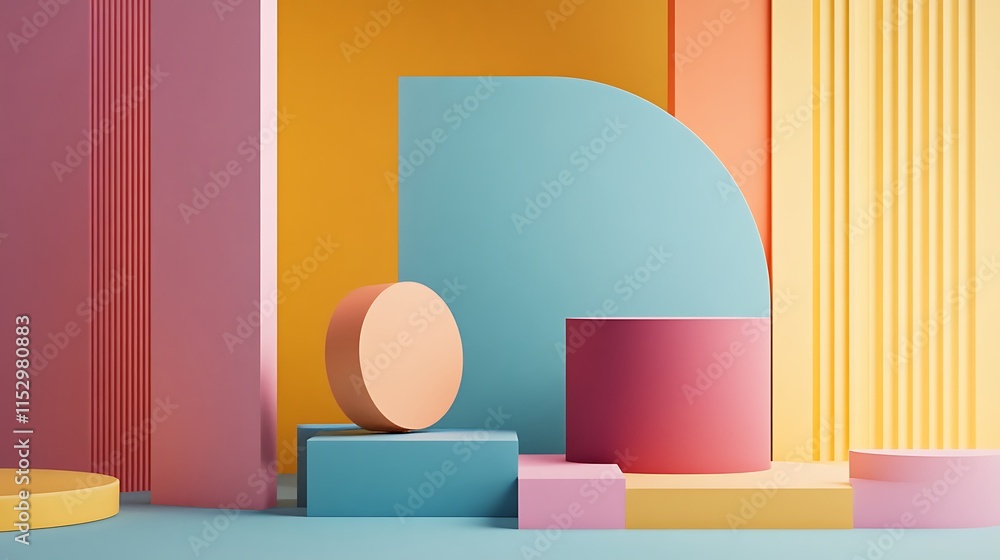 Poster pastel-colored geometric shapes create a minimalist background for product display concept.