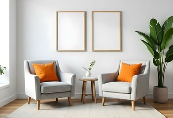  Two beige armchairs with orange throw pillows in a minimalist living room setting, with two empty framed wall art pieces and potted plants