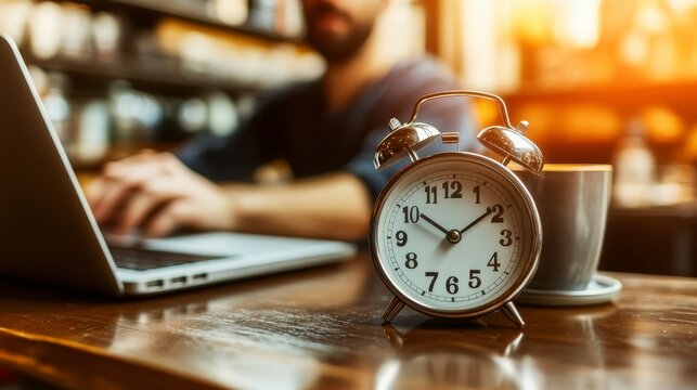 Close-up of alarm clock, laptop, and coffee cup on a table, blurred man in background.