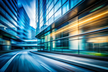 Fototapeta premium Dynamic urban scene with blurred motion, showcasing modern architecture and cool hues. structured forms create sense of speed and elegance in cityscape
