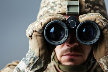 military prison control concept. A soldier in camouflage gear uses binoculars, focused intently, showcasing tactical observation and military readiness.