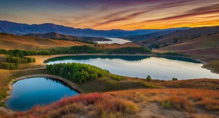 Obraz premium A serene landscape with rolling hills, a crystal-clear lake reflecting the vibrant hues of a sunset. 