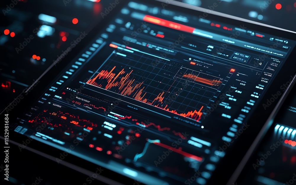 Poster a tablet screen showing an advanced stock market dashboard with live trading graphs, candlestick pat