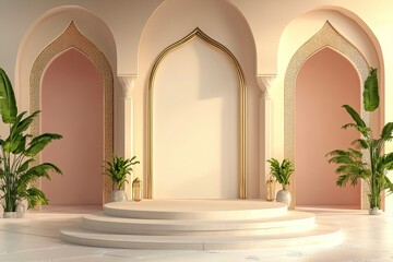 Fototapeta premium Indonesian bedug and product podium 3d rendering background. Concept of islamic celebration ramadan kareem, marhaban and eid al fitr adha with blank space. 