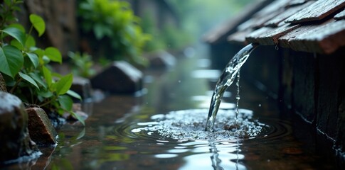 Water pours from the gutter with slate and rain, gutter water, flooded slates