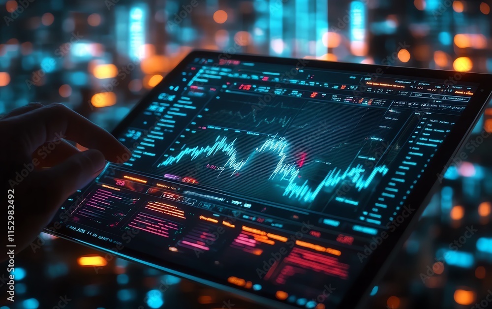 Poster digital stock market platform shown on a tablet screen, with glowing data visualizations and realtim