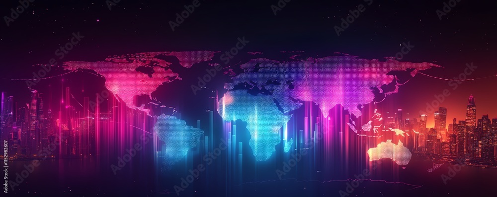 Poster dynamic forex trading chart with glowing candlestick patterns, global map overlay, and vibrant color
