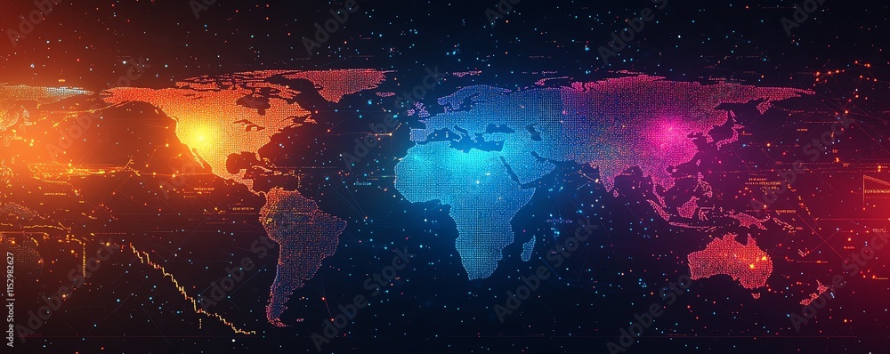 Poster dynamic forex trading chart with glowing candlestick patterns, global map overlay, and vibrant color