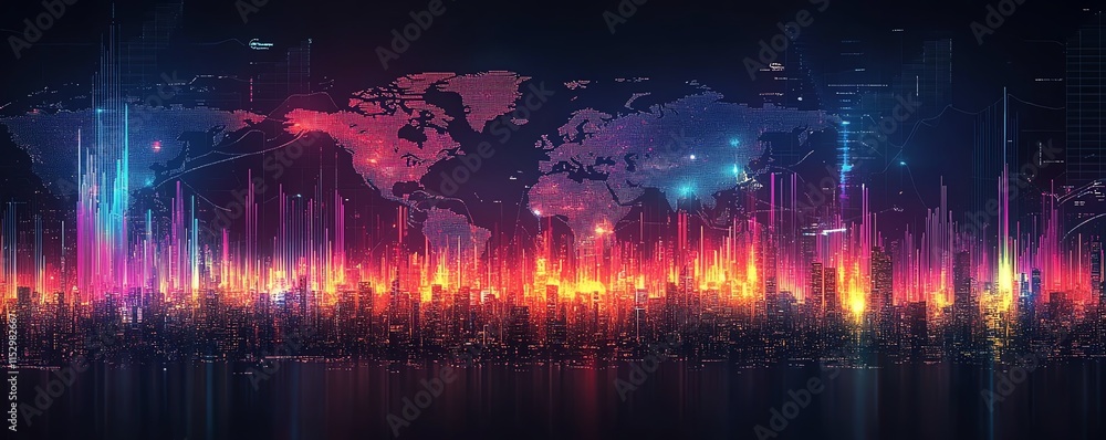Poster dynamic forex trading chart with glowing candlestick patterns, global map overlay, and vibrant color