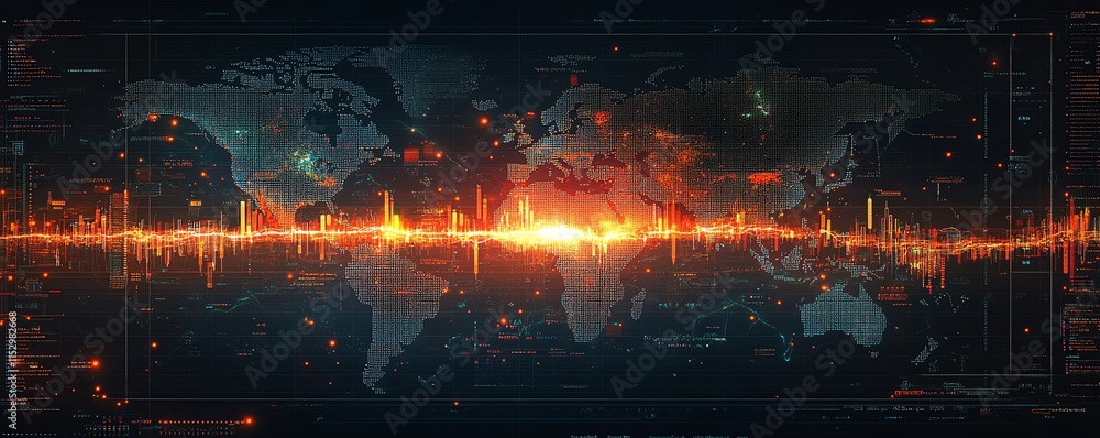 Poster dynamic forex trading chart with glowing candlestick patterns, global map overlay, and vibrant color