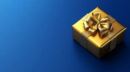 A shiny gold gift box with a decorative bow rests on a deep blue surface, creating a striking contrast and evoking a sense of celebration.
