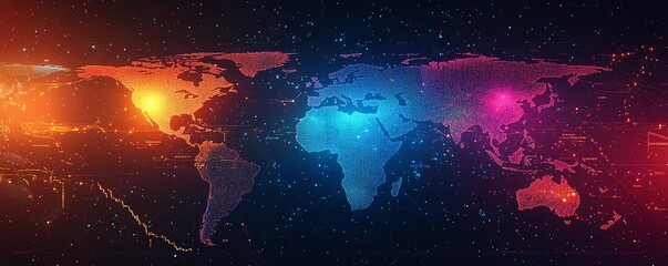 Dynamic forex trading chart with glowing candlestick patterns, global map overlay, and vibrant colors showcasing worldwide economic data in a modern vector style