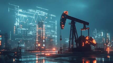 A futuristic oil pump jack stands against a neon-lit city skyline, blending industrial and technological elements in a moody, atmospheric setting.