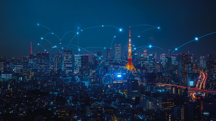 Obraz premium Smart digital city with connection cyber security network reciprocity over the cityscape . future smart wireless digital city and social media networking systems that connects people within the city