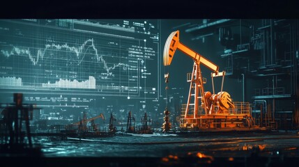 A futuristic oil rig under a digital display, illustrating the intersection of energy production and technology with vibrant colors.