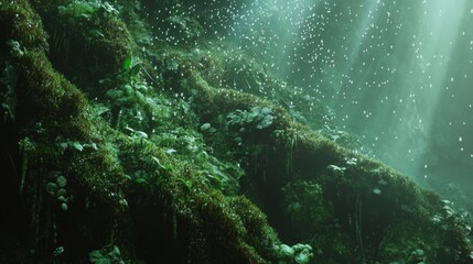 Obraz premium Lush green moss-covered rocks with sunlight and water droplets.