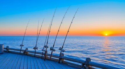 A picturesque sea fishing pier at sunset, Fishing rods lined up against the horizon, Coastal charm style