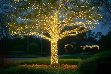 A large tree decorated with lights stands out in the garden