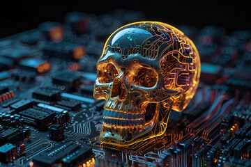 Illuminated Fusion of Technology A Neon-Lit Motherboard Featuring a Translucent Robotic Skull