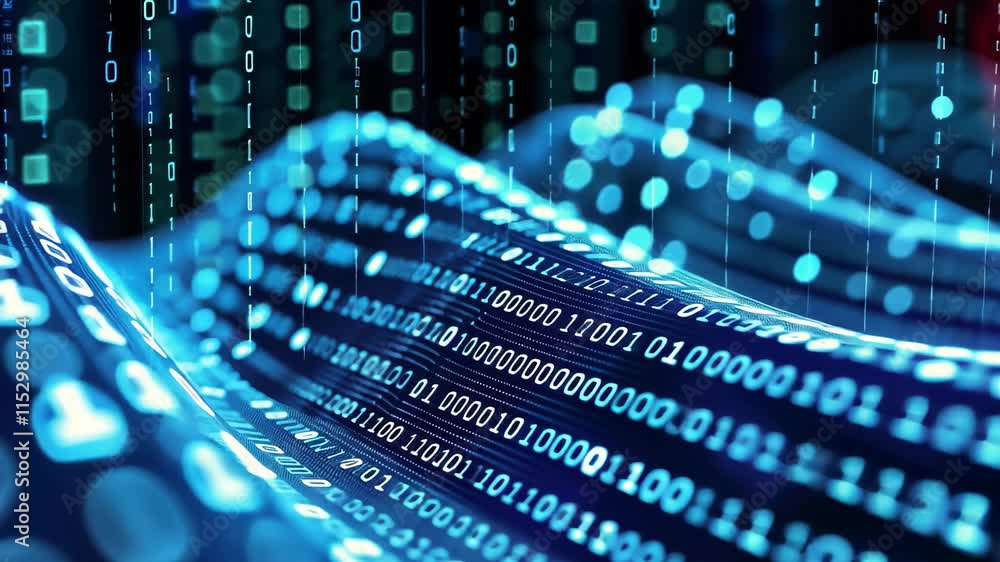 Poster this video shows a detailed close-up of a blue and black background, close up shot of binary numbers