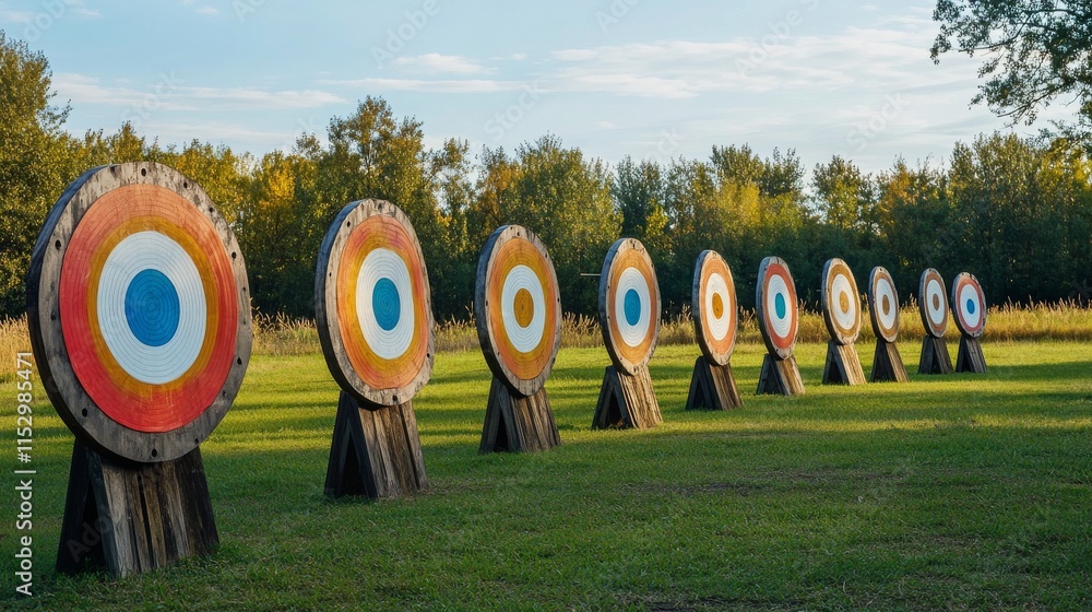 Poster a pristine archery range in an open field, targets and bows systematically placed, traditional outdo