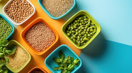 Colorful Display of Various Dry Legumes and Grains in Vibrant Bowls Arranged on a Brightly Colored Background for Healthy Eating Concepts