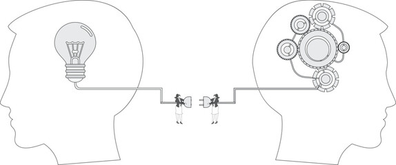 Getting ideas running, brainstorming, connecting new thoughts or ideas, businesswomen connecting the creative brain to the gear brain