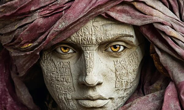 Close-up of a stone-faced figure in a maroon turban, adorned with ancient script.