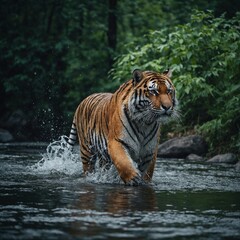 Obraz premium Amur tiger walking in river water. Danger animal, tajga, Russia. Animal in green forest stream. Grey stone, river droplet. Siberian tiger splash water. 