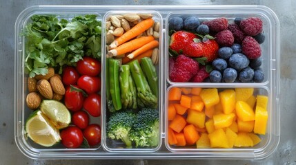 Fresh and Colorful Assortment of Healthy Fruits and Vegetables in a Clear Container for Nutrient-Dense Meal Prep and Snacking Options