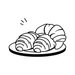 A simple, black and white line art illustration of two croissants served on a plate