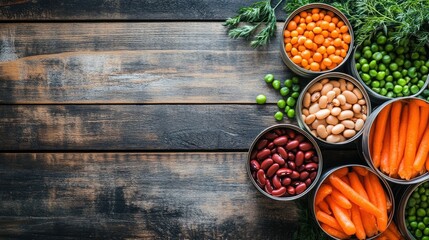 Colorful Assortment of Canned Vegetables and Legumes on Rustic Wooden Background for Creative Cooking and Healthy Meal Ideas
