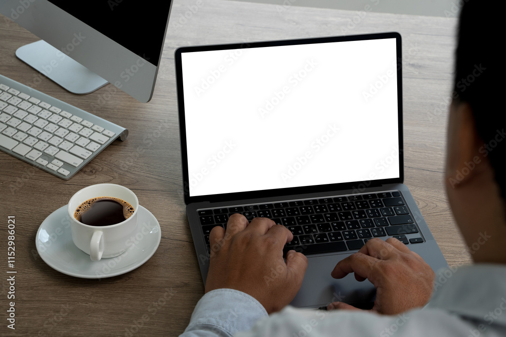 Poster mock up using laptop with blank screen computer modern
