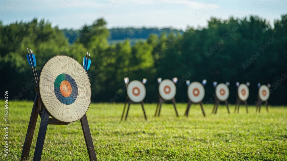 Poster a pristine archery range in an open field, targets and bows systematically placed, traditional outdo
