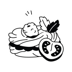 Savory patties stacked with fresh vegetables and garnishes