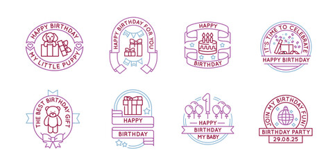 Obraz premium Happy Birthday celebration logos, labels, icons. A set of 8 birthday logotypes. Birthday Party, Birthday Gift Cake, Balls. Ideal for greeting cards, party invitations, events. Vector illustration.