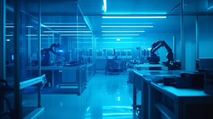 Modern robotic laboratory with blue lighting, showcasing advanced technology and automation in a clean, futuristic workspace.