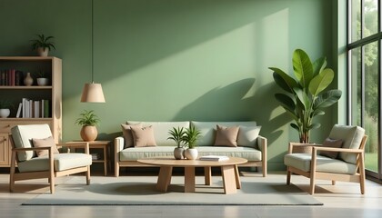 A modern living room with a large green sofa, wooden coffee table, and potted plants. The room has a minimalist and natural aesthetic with a green wall and warm lighting