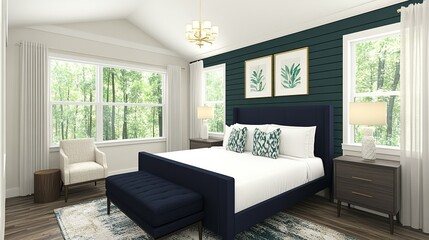 Serene Master Bedroom with Forest View and Dark Walls
