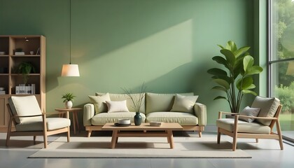 A modern living room with a large green sofa, wooden coffee table, and potted plants. The room has a minimalist and natural aesthetic with a green wall and warm lighting
