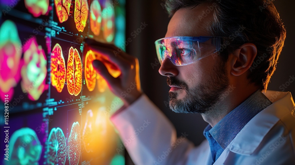Poster neuroscientist analyzing colorful brain activity mapping data
