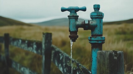 Rustic Water Tap in Rural Landscape with Soft Light