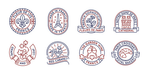 French culture and landmarks logos, labels, icons. A set of 8 french logotypes like Fleur de Lys, baguette, cabaret, gallic cock. For travel agencies, french bakeries, wineries. Vector illustration
