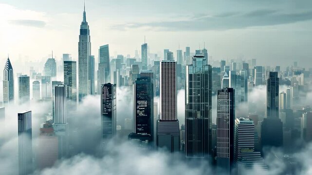 A videograph of a city floating amidst clouds, with tall skyscrapers towering in the background, Cloud-topped skyscrapers standing tall in an urban landscape