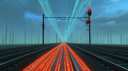 Dynamic train signals illuminating futuristic railway urban landscape digital art nighttime technology concept