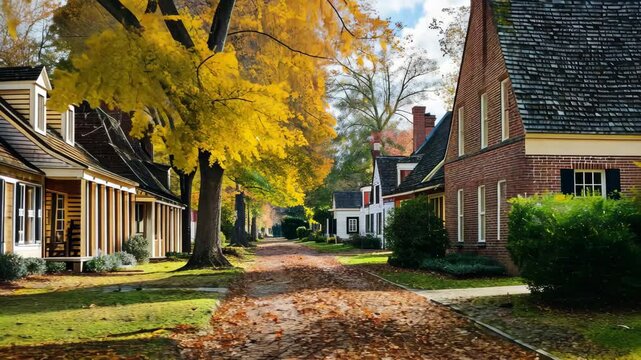 A dirt road with multiple houses and tall trees in the background, showcasing the suburban landscape, Colonial architecture of Williamsburg, Virginia