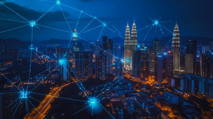 Fototapeta premium Smart digital city with connection cyber security network reciprocity over the cityscape . future smart wireless digital city and social media networking systems that connects people within the city