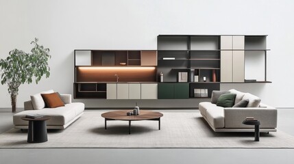Modern living room with modular shelving, sofas, and coffee table.