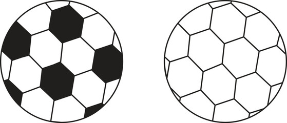Soccer ball or football flat and line icon set. Black vector collection isolated on transparent background. Game symbol for sports apps and websites. Football outline variation design element.