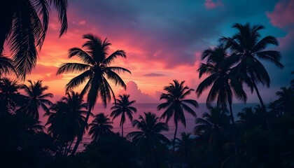 Vivid tropical sunset background with palm tree silhouettes and a gradient orange, purple, and yellow sky.